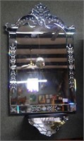 beveled glass mirror w/under shelf in floral etche