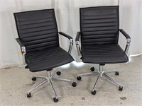 (2)Ribbed Black Leather Midback Office Chair Duo