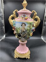 Lovely floral urn, pink and gold, lid is fixed, ha