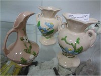 2 Hull Blue Flower Vases H-4-61/2" & Ewer R-9-6 1/