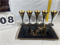 Russian Black Lacquer & Gold Wood Tray & 5 Goblets