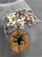 Old buttons, marble bag w/ old marbles