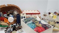 SEWING BASKET + ASSORTED SEWING SUPPLIES