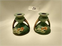 Roseville Green Bittersweet Candle Holders Pottery