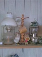 Kerosene Lamp & Coleman Lamp, Coffee Mugs & Rack