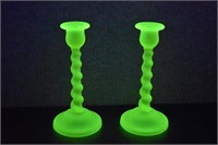 2 Tiffin Vaseline Glass Candle Holders