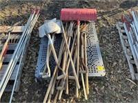 PALLET W/SHOVEL, PITCHFORKS, SLEDGEHAMMERS