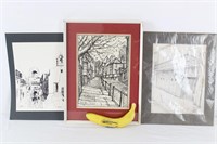 3 Signed B & W Drawings~Cityscapes, New Orleans+