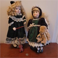 18" Tall Porcelain Dolls Pair Violin Velvet Dress