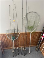 Assorted Fishing Poles & 2 Nets