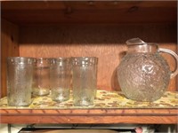 Vintage Glass Pitcher with nine water Glasses