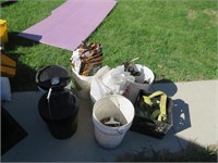 6-buckets, crate with straps, garden tools