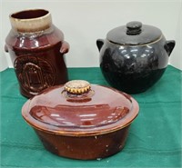 3 Stoneware Items Utensil Holder, Bean Pot,