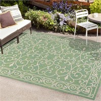 Outdoor Area-Rug, 9 x 10, Green/Ivory.