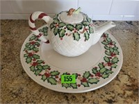 Holiday ceramic teapot, serving platter