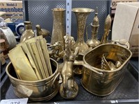 Brass vases, bell, unicorns, stencils.