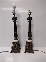 Antique Brass and Marble Footed Cherub Table Lamps