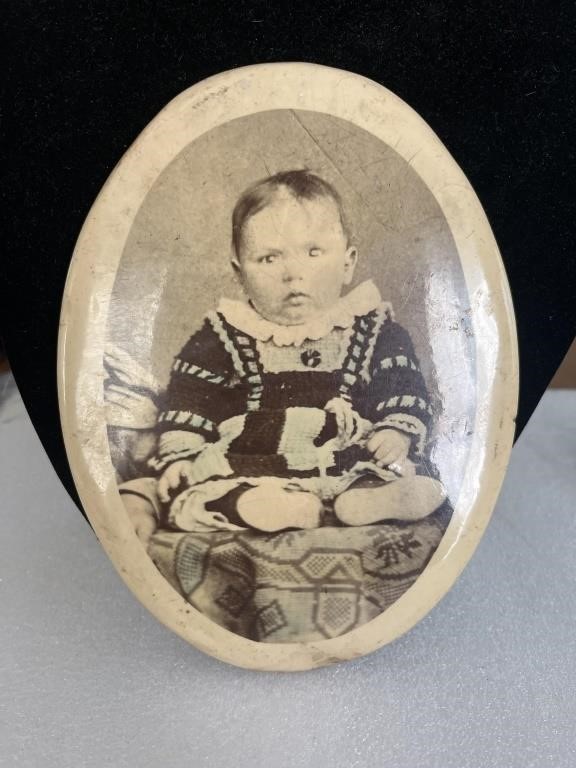 Antique Celluloid Button Picture Oval Baby Child