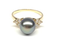 14K Gold Black Pearl & Diamond Ring (sz 6.25)
