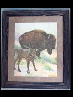 FRAMED PICTURE OF BUFFALO & CALF - 17 1/2" X 15"