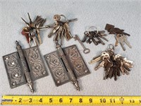 Old Keys & 2- Antique Door Hinges