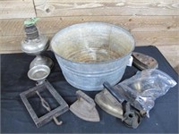 GALVANIZED TUB W/ IRONS. & LAMP PARTS EARLY