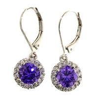 Round Amethyst & White Topaz Halo Dangle Earrings