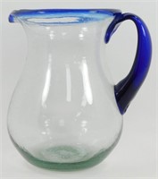 * Vintage Handblown Glass Pitcher with Cobalt