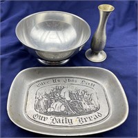 Vintage Pewter Bowl, Vase, and Bread Plate