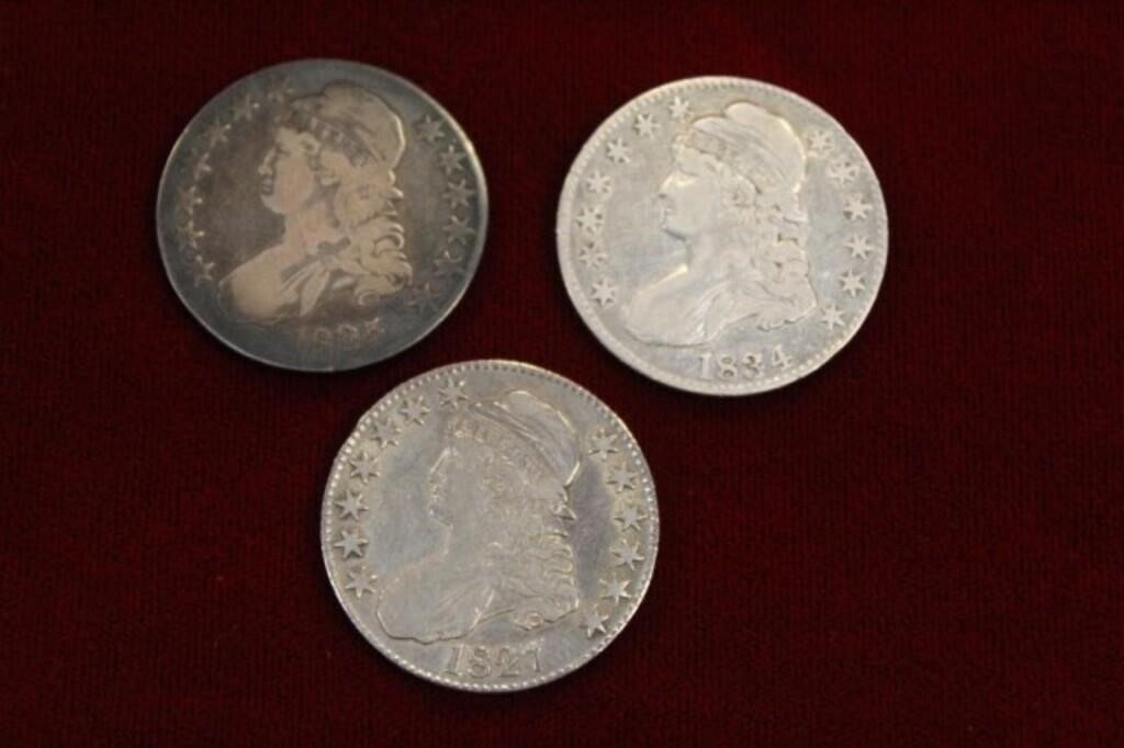 3 US Capped Bust Liberty Half Dollars 1825, 27, 34