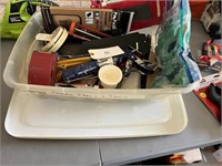 TOTE OF MISCELLANEOUS TOOLS AND HARDWARE