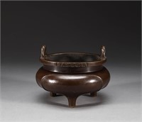 Ming Dynasty bronze incense burner with two ears