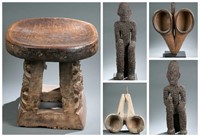 West African style bellows, stool, and figures.
