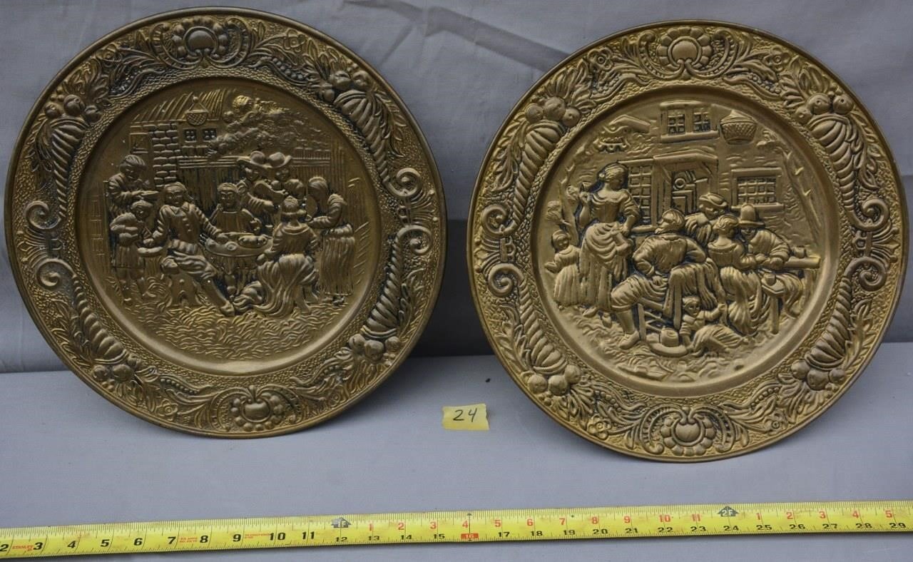 24P: (2) vintage brass decorative wall plates