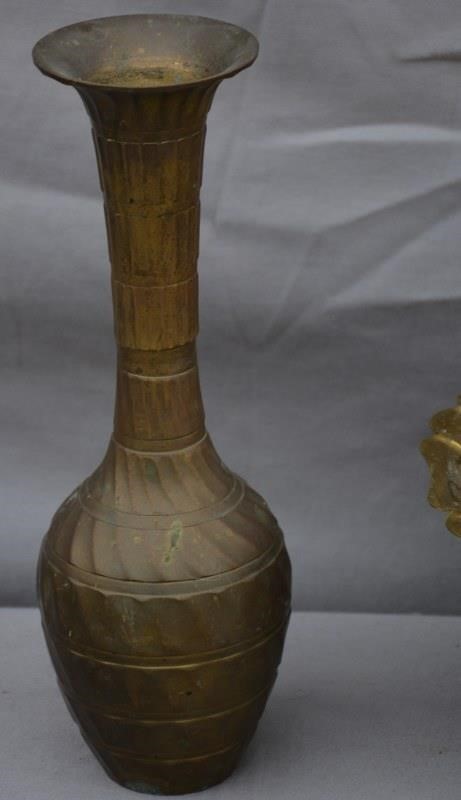 25P: 10” brass bowl, vintage solid brass vases