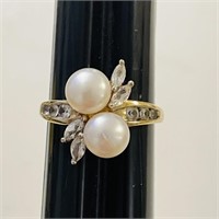10kt Double Pearl/Diamond Ladies Ring