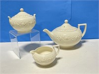 Wedgewood Embossed White Queens Ware 3pc Teaset