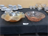 Pink Depression Glass Dish And Opalescent Dish
