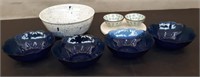 Box Pottery Bowl, 4 Blue France Bowls, 2 Small