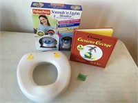monitor, kids toilet seat, curious george book