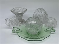 Green Glass Tray, Rose Bowls, Creamer, etc.