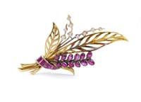 Mid C. pink sapphire, diamond & 18ct gold brooch