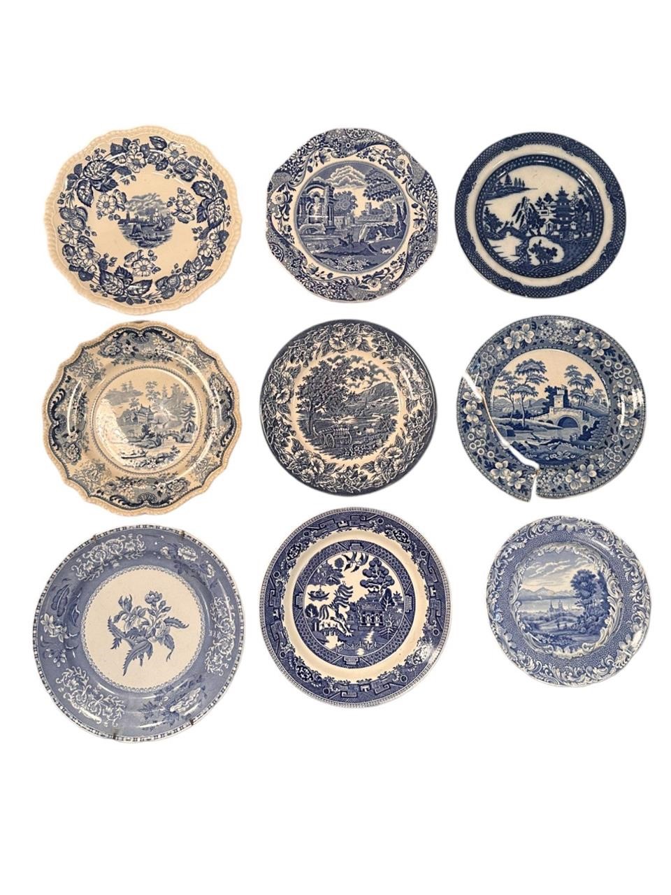 Transferware Blue & White Ceramic Plates, Grp of 9