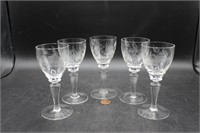 Quintet of Etched Liqueur Glasses