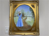 GILT FRAMED ORIGINAL PAINTING - GIRL WITH FLOWERS