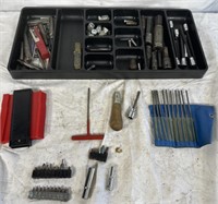 Various drill, bits, bolts, measuring tool