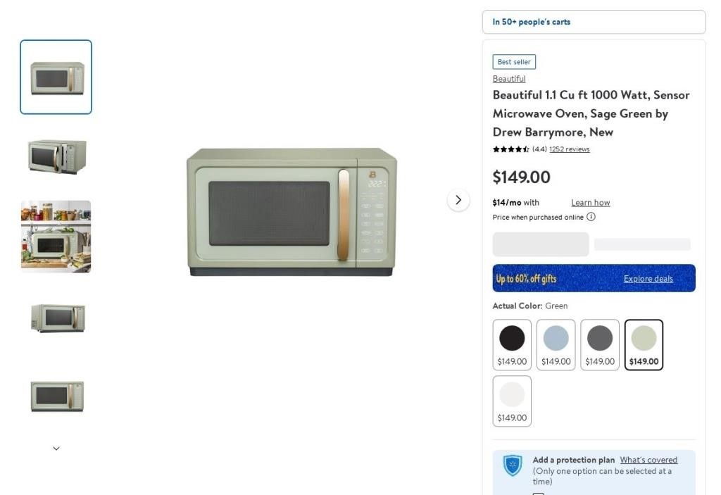 Beautiful 1.1 Cu ft 1000 Watt, Sensor Microwave Oven, Sage Green by Drew Barrymore