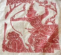 Rare Red Rice Paper Print  “ Man Bow Monkey Sword”