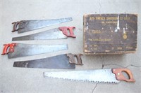 (5) Vintage Hand Saws in Old Wooden Box