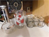 Retro glasses in holder - red carnation pitcher -